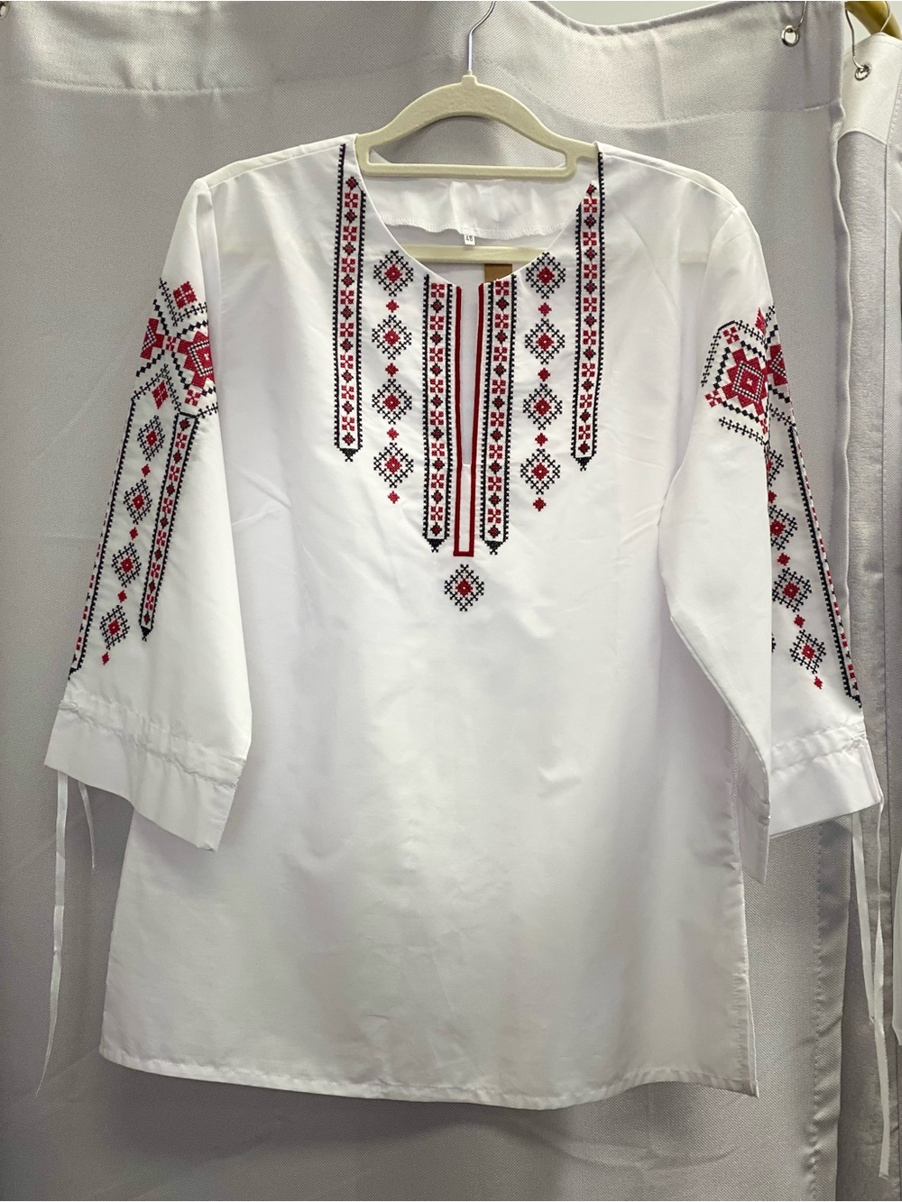 White Button-Down Tunic with Red & Black Embroidered Folk Motif